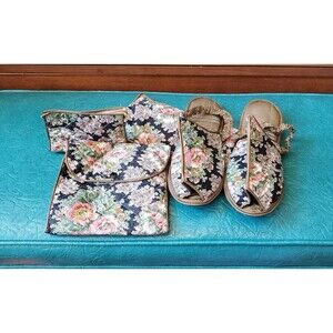 Vintage Travel Kit Nylon Floral Toiletry Bags & Slippers Open Toed Elastic Strap